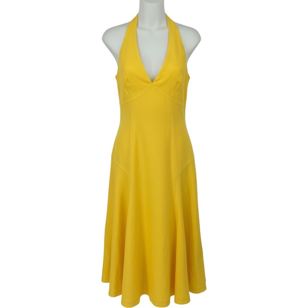 Lauren Ralph Lauren Yellow Linen Halter Midi Dress V-Neck Open Back Size 8